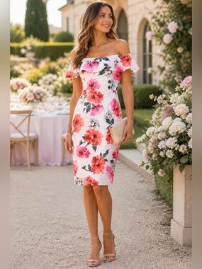 Calvin Klein Floral Off Shoulder Sheath Dress Size 8 Pink White Ruffle
